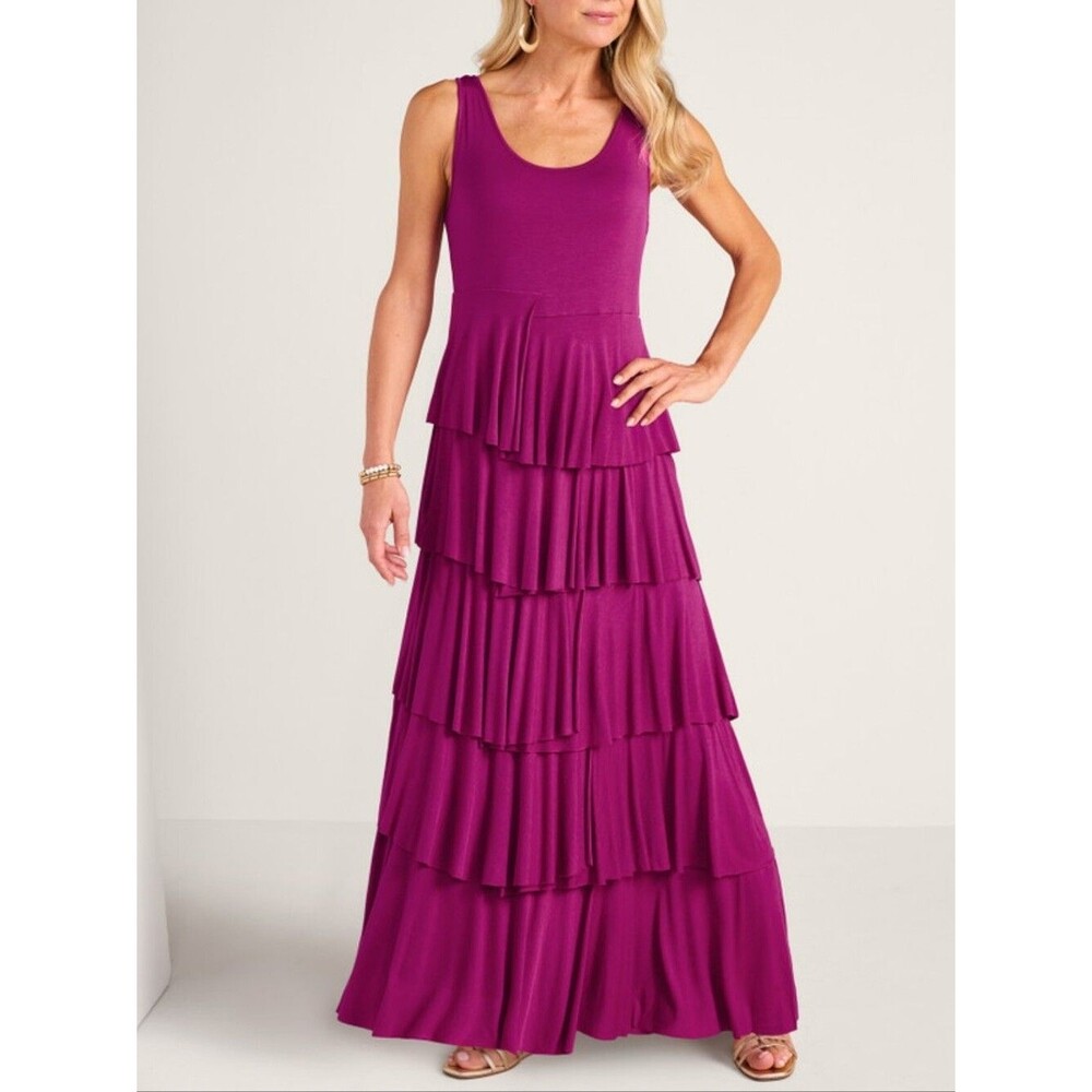 Soft Surroundings Dominique Tiered Ruffle Maxi Dress Fuchsia Berry Sz 1X Plus